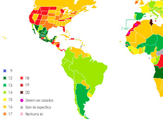 Mapa com a idade Legal para sexo heterossexual consentido ao redor do mundo