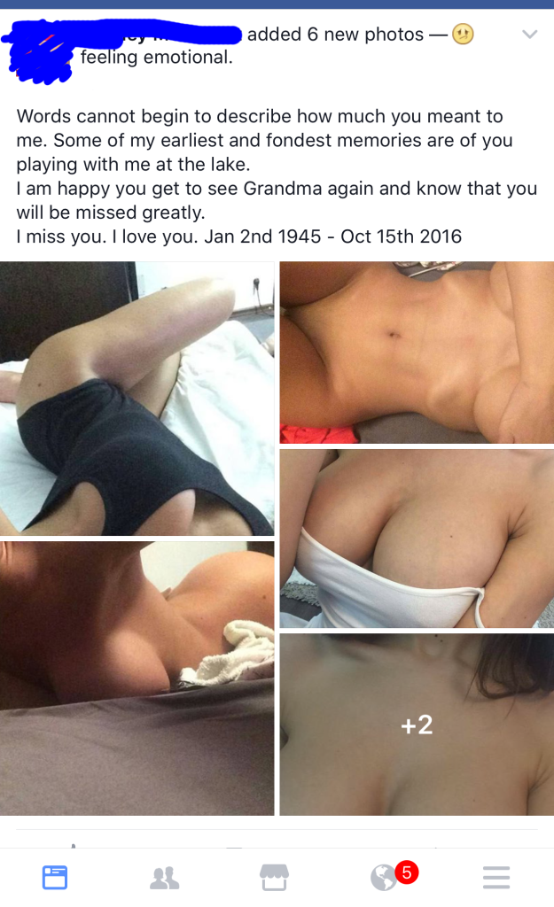 Mulher se confunde e publica nudes ao homenagear avô falecido no Facebook.
